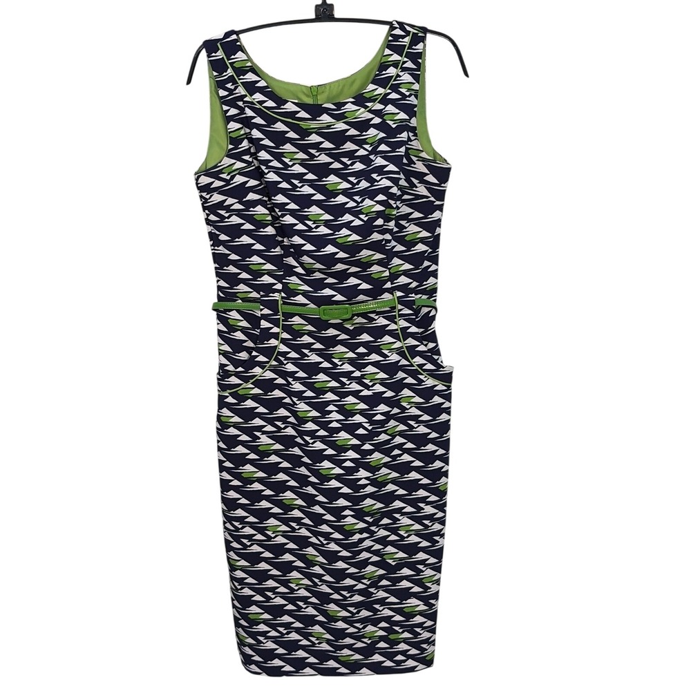 London Times Navy Blue Lime Green Geometric Print Belted Sheath Dress 4